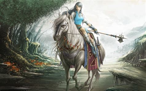 Download Female Knight On White Horse Wallpaper