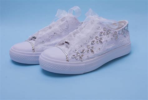 Bling Sneakers For Bride White Lace Wedding Trainers With Crystals