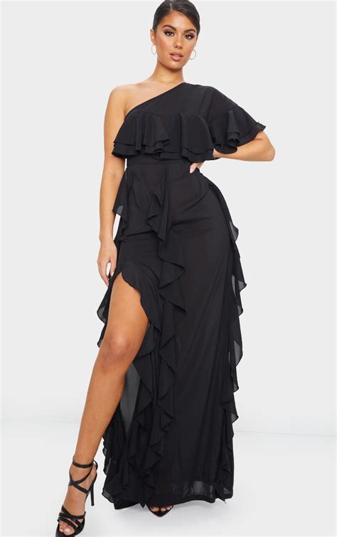 Black One Shoulder Ruffle Detail Maxi Dress Prettylittlething Qa