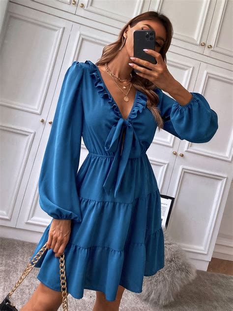 Ruffle Trim Knot Front Lantern Sleeve Dress Blue Dress Women Blue