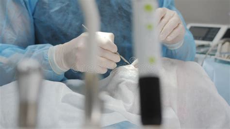 The Dentist Surgeon Prepares For The Implantation Of A Dental Implant