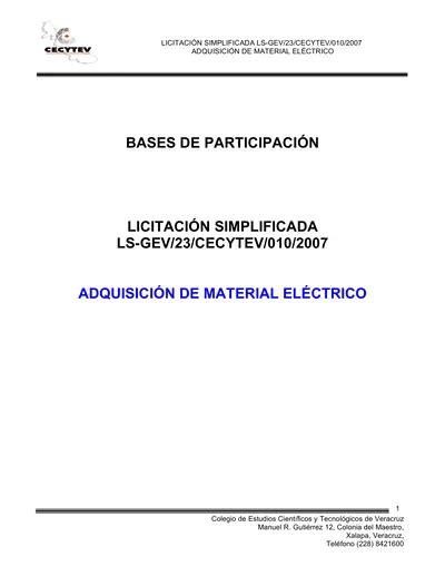 Bases De Participaci N Licitaci N Simplificada Ls Gev Cecytev