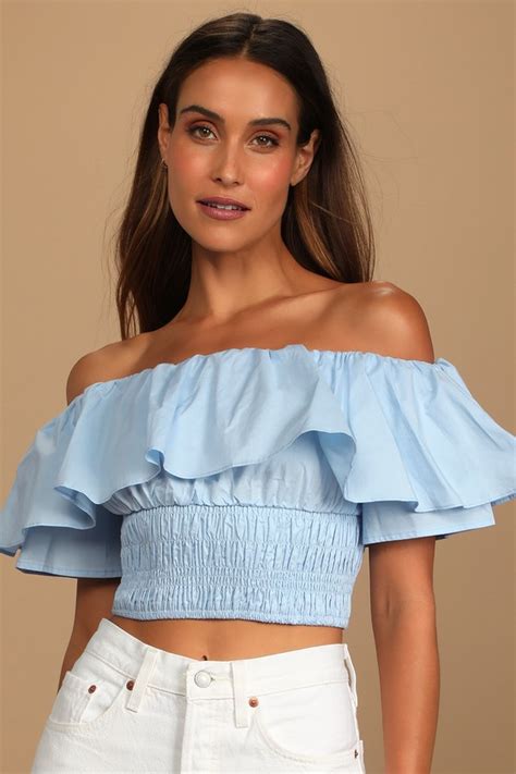 Light Blue Top Off The Shoulder Top Crop Top Womens Tops Lulus