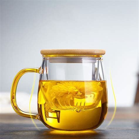 Bamboo Cover Clear Glass Tea Cup With Infuser , Hand Blown Office Tea Maker