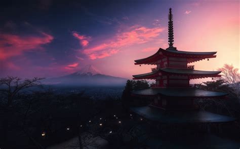 Download Wallpapers Mount Fuji Evening Sunset Pagoda Japanese