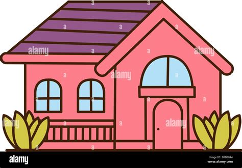 Vector Old Cartoon Red House With Purple Roof Icon Vector House Decorated With Bushes Icon