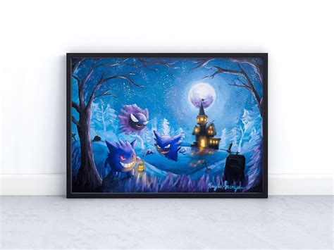 POSTER of Gengar Haunter and Gastly Graveyard Painting Gengar Print Gastly Pokemon Wall Art Art ...