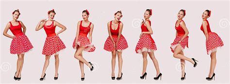 Smiling Pin Up Woman In Polka Dot Red Dress Stock Image Image Of