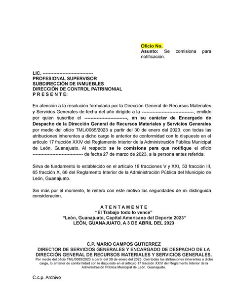 Oficio Comision Para Notificar Dgrm Oficio No Asunto Se Comisiona