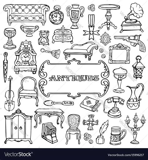 Antiques doodle hand drawn set with vintage sign. Pattern of retro objects, coloring page ...