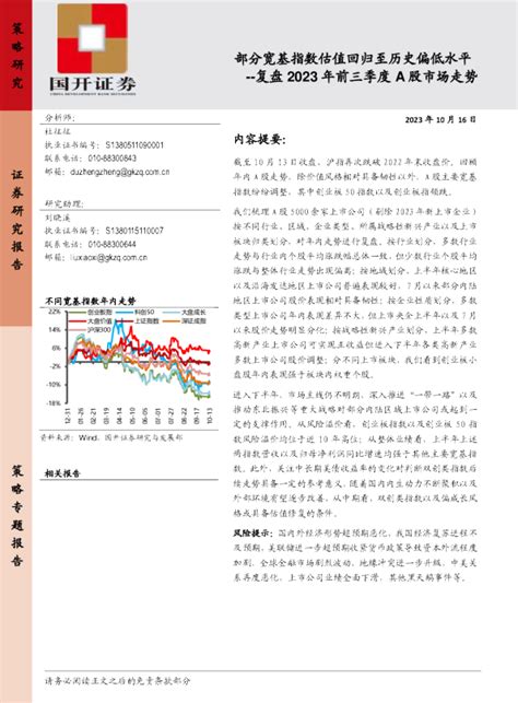 复盘2023年前三季度a股市场走势：部分宽基指数估值回归至历史偏低水平