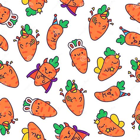 Kawaii Carrot With Funny Faces Seamless Pattern Stock Vector