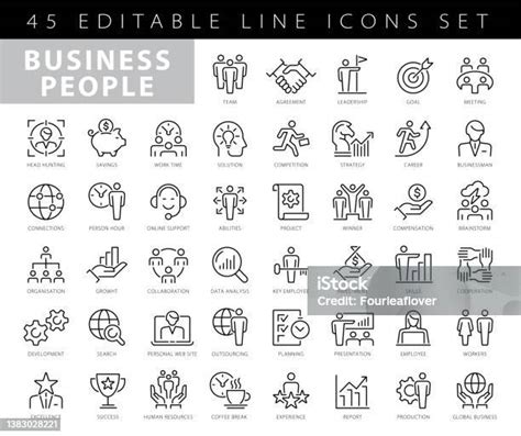 비즈니스 피플 선형 벡터 아이콘 집합입니다 픽셀 완벽 이 세트에는 사람 팀워크 프레젠테이션 리더십 성장 관리자 성공 파트너십