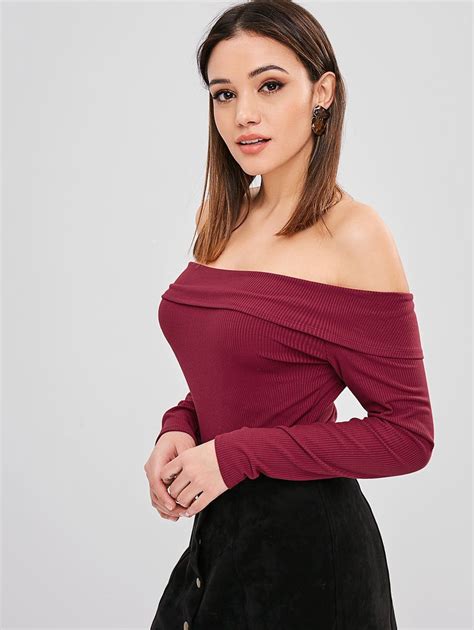 Zaful Overlay Ribbed Off Shoulder Bodysuit Black Red Wine Ad