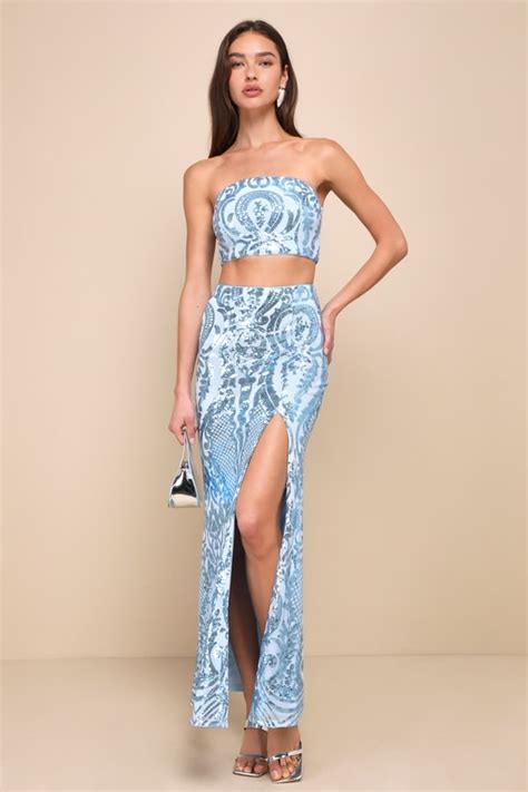 Light Blue Sequin Dress 2 Pc Maxi Dress Strapless Maxi Dress Lulus