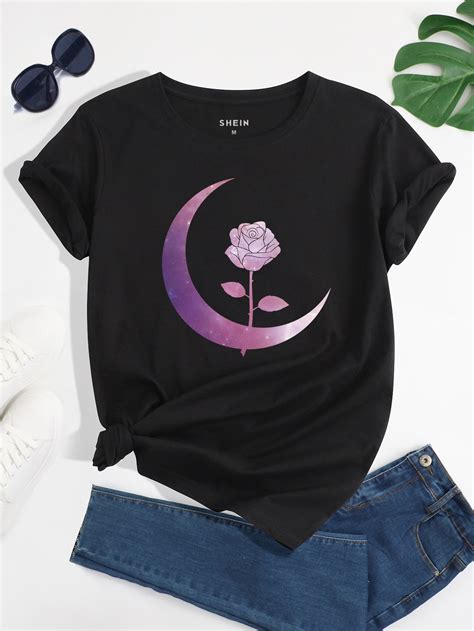 Shein Ezwear Camiseta Luna Con Con Estampado Floral Mode De Mujer