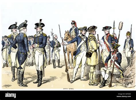 Continental Army uniforms during the Revolutionary War. Hand-colored ...