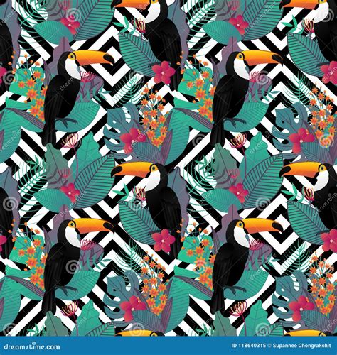 Seamless Pattern With Toco Toucan Bird And Tropical Leaves Stock