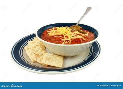 Bowl of Spicy Chili with Cheese and Crackers Stock Photo - Image of ...