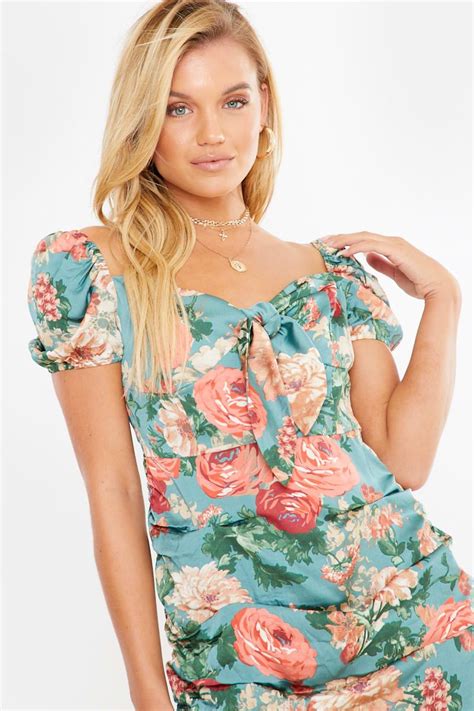 Fashion Influx Green Floral Tie Front Ruched Mini Dress In The Style