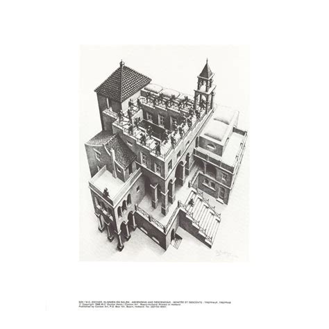 1988 Mc Escher Ascending And Descending Surrealism Black And White