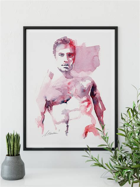 Male Figure Art Pink Watercolor Naked Men Painting Etsy