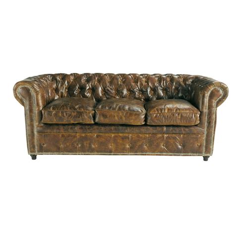 Canapé convertible capitonné Chesterfield 3 places en cuir marron