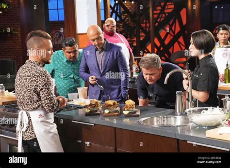 Masterchef From Left Contestant Derrick Fox Judges Aaron Sanchez Joe Bastianich Host Gordon