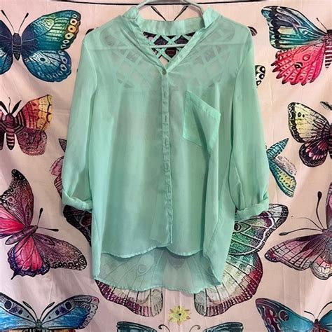 Nollie Tops Sheer Sea Foam Green Button Up Shirt With Lattice Cut