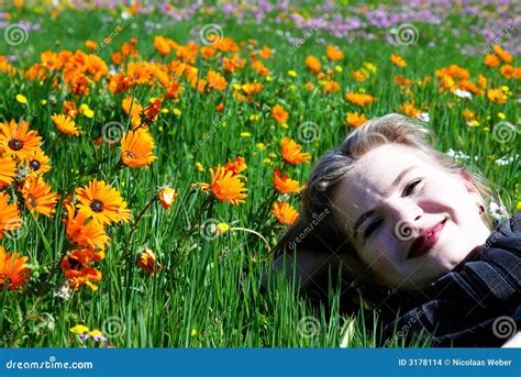 Blonde Woman Lying In A Field Of Flowers Stock Photo Image Of Beauty