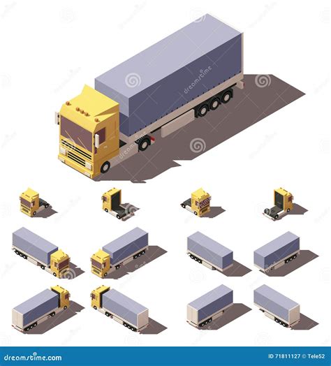 Vector Isometric Truck With Tilt Box Semi Trailer Icon Set Stock Vector