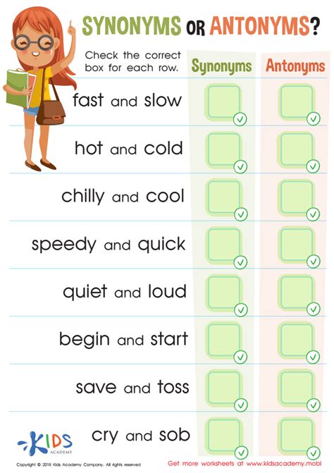 Synonyms Or Antonyms Assessment Worksheet For Kids Answers And