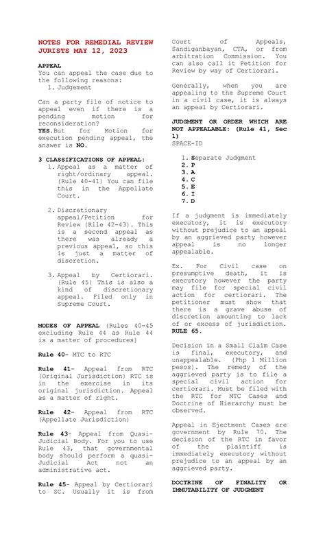 May 12 Remedial Law Review Notes Notes For Remedial Review Jurists May 12 2023 Appeal You