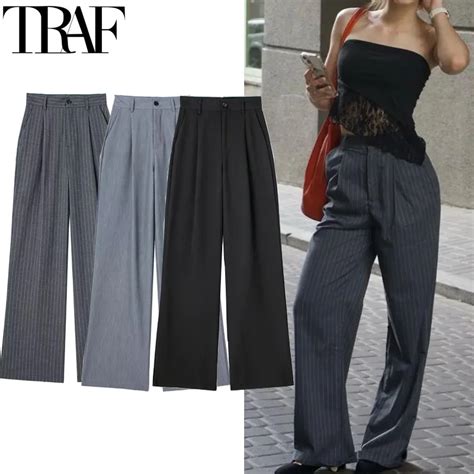 TRAF Women S Formal Pants Office Wear Women Striped Grey Black Pants