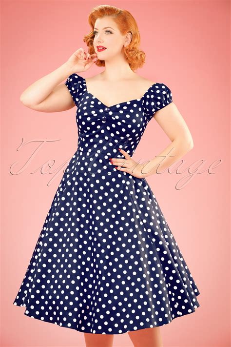 50s Dolores Polkadots Doll Swing Dress In Navy And White