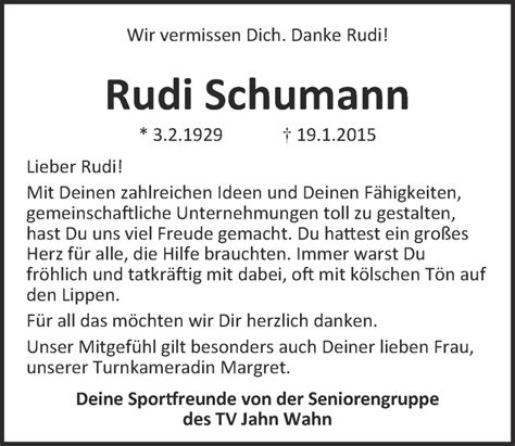 Traueranzeigen Von Rudi Schumann WirTrauern