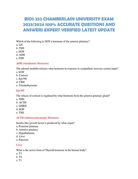 Solution Bios 252 Chamberlain University Exam 2023 Studypool