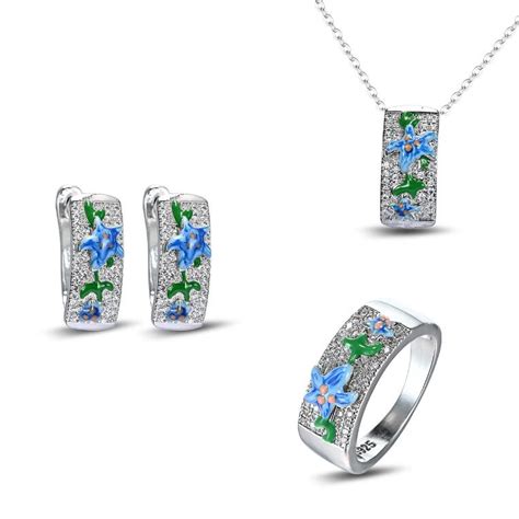 Buy Pcs Set Trendy Blue Flower Leaf Enamel Crystal Earrings Ring