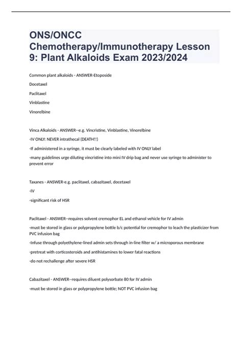 Ons Oncc Chemotherapy Immunotherapy Lesson Plant Alkaloids Exam