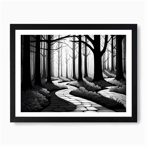 Black And White Forest Path, black and white art, forest landscape Art Print by Grey sonder - Fy