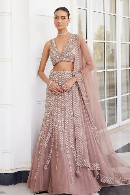 Buy Pink Net Embroidery Sequin V Neck Sasha Leaf Pattern Bridal Lehenga