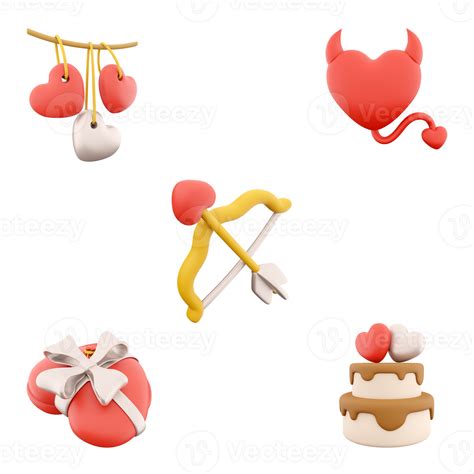 3d Rendering Hanging Hearts Devil Heart Cupids Arrow And Bow Toy