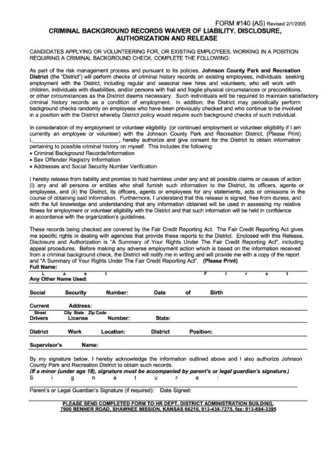 Form 140 As Criminal Background Records Waiver Of Liability Disclosure Authorization And