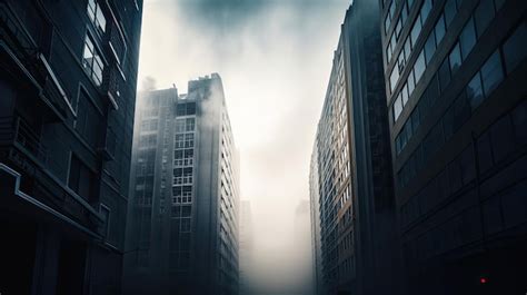 Premium Photo | A foggy cityscape with a dark cityscape in the background.