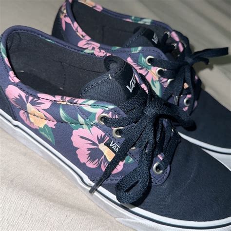 Slightly Worn Vans, Dark Blue With Floral Designs - Gem