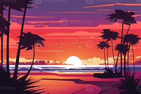 Synthwave Neon Landscape With Palm Trees And Sunset Retro Style Background Neural Network