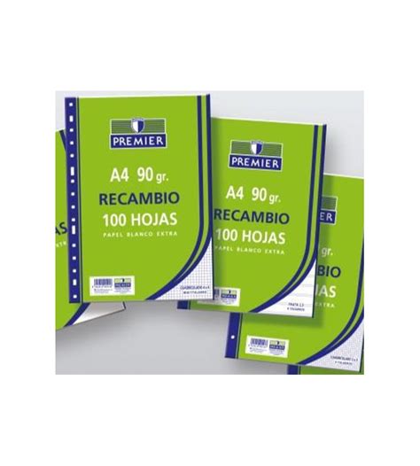 RECAMBIO A4 HORIZONTAL 90 GR 100 HOJAS 4 ANILLAS PREMIER SPIALICANTE