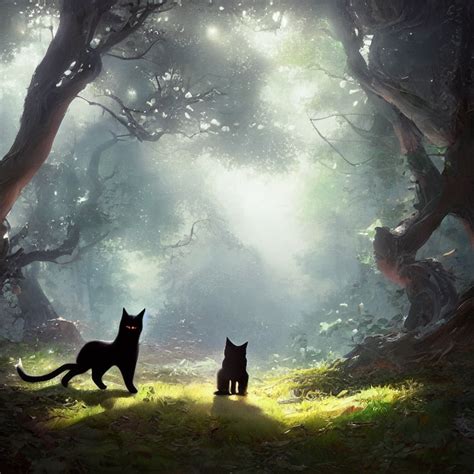 Krea A Beautiful Painting Of A Cute Black Cat In A Forest Pixar