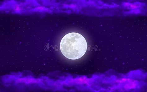 Vector Abstract Bright Full Moon And Stars In Dark Purple Night Sky Background With Cloudy