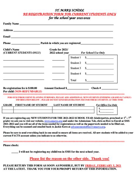 Fillable Online Re Registration Form 2021 2022 St Mary Of The Hills